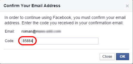 enter the code from your email facebook